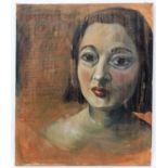 British Contemporary School XX, Oil on canvas, Portrait of lady with script to left hand side,