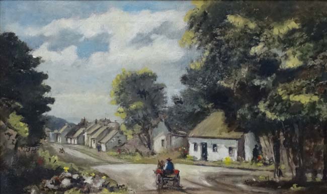 XX Irish School, Oil on canvas, An Irish Village with a horse drawn cart passing cottages, - Image 4 of 4
