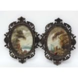 Indistinctly signed pair of oval miniature oils on boards,