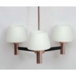 Vintage Retro : a 1960's three branch pendant light fitting with white frosted glass shades,