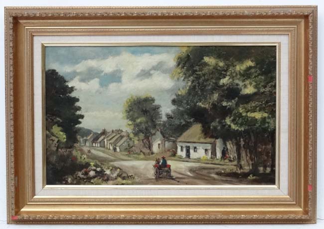 XX Irish School, Oil on canvas, An Irish Village with a horse drawn cart passing cottages,