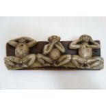 Ethnographic, Indian Native Tribal carved wooden section with applied Three Monkeys (See no Evil ,