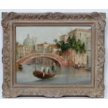 Manuel Arunda XX Italian School, Oil on canvas, Venetian canal, bridge and gondolas,