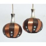 Vintage Retro : a pair of Danish Coronell Pendant lights of brown and copper banding ,