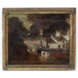 Follower of Thomas Wainwright XIX, Oil on canvas laid on board, Cattle leaving a farmstead.
