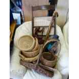 Assorted items to include : various wicker baskets, a folding chair,
