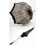 Walking Stick / Cane : A Parasol with black velvet and black lace decoration ,
