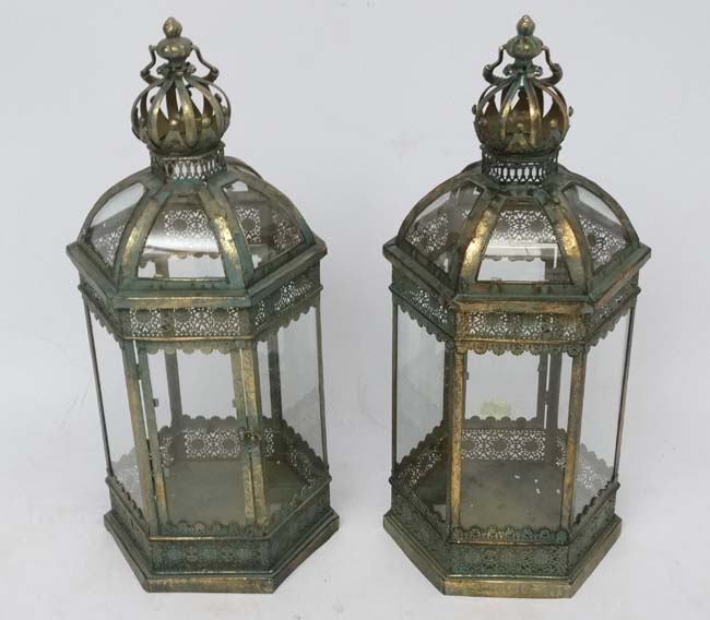 A pair of hexagonal formed lanterns with glass panels approx ( late 20thC / 21stC ) 25" high. - Image 3 of 6