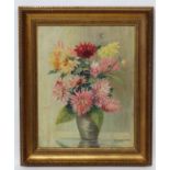 E Palmer '67, Oil on canvas , Still life of Dahlias in a vase, Signed and dated lower right.