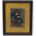 Early-mid XX English School, Oil on canvas, Young boy sat, seated by a fire, 8 x 5" .