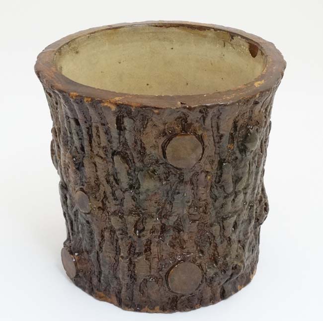 A Victorian stoneware planter pot with realistic glaze formed as a large log / cut branch and - Image 3 of 4