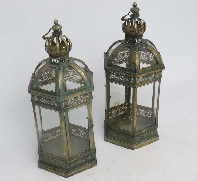 A pair of hexagonal formed lanterns with glass panels approx ( late 20thC / 21stC ) 25" high. - Image 4 of 6