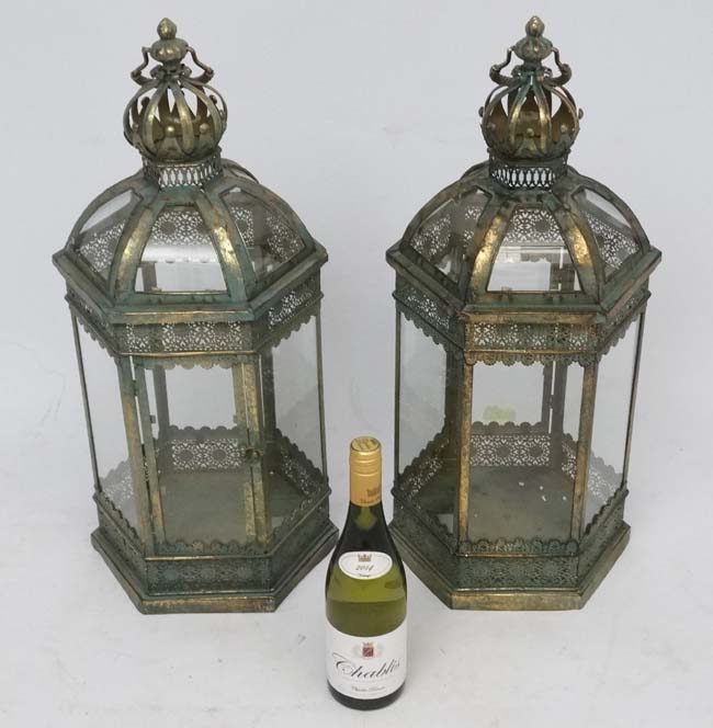 A pair of hexagonal formed lanterns with glass panels approx ( late 20thC / 21stC ) 25" high.