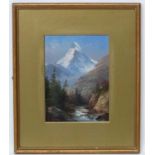 Hubert Sattler (1817-1904), Oil on board, Alpine Scene with Matterhorn, Signed E.