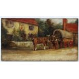 XIX English School, Oil on canvas, Horse drawn covered wagon outside a public house , 10 x 18" .