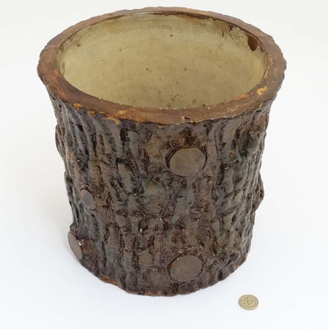 A Victorian stoneware planter pot with realistic glaze formed as a large log / cut branch and - Image 4 of 4
