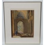 Circle of David Roberts RA (1796-1864), Watercolour and gouache, Cathedral interior with figures,