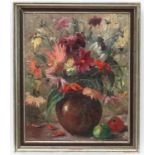 Indistinctly Signed Continental School Oil on Board Still Life of flowers in a vase Inscribed