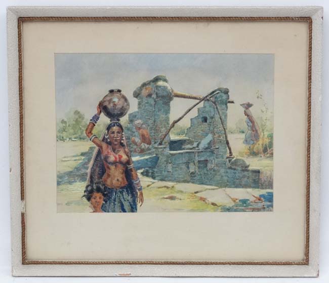 Indistinctly Signed Mid XX Indian School, Watercolour, Carrying water from a water hole,