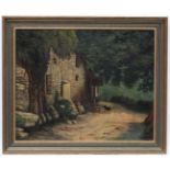 W Sarfas Early XX, Oil on canvas, Figure and dog outside a stone cottage,