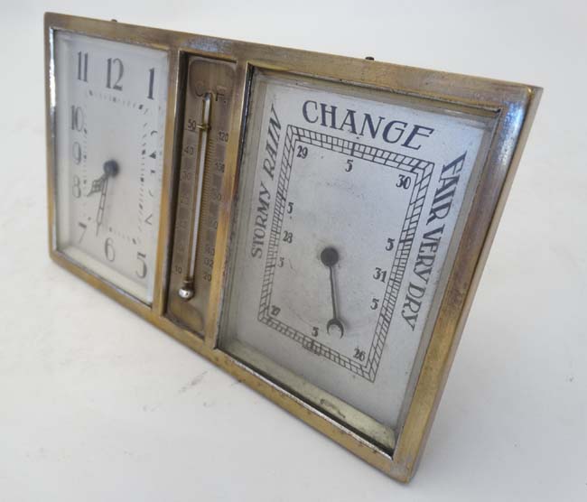 Art Deco Combination Clock, Barometer and Thermometer: a silver plated on brass, square dialled , - Image 4 of 11