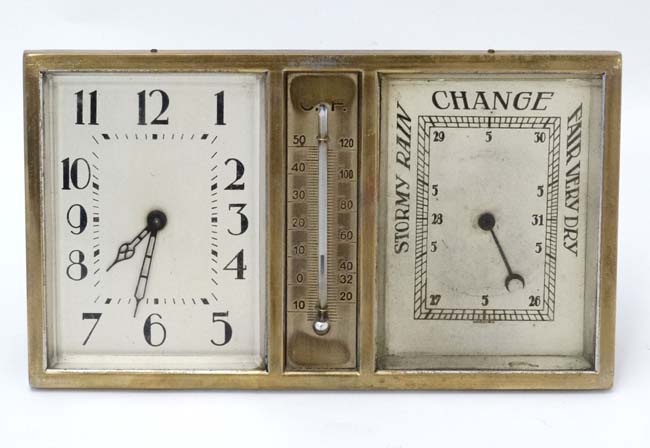 Art Deco Combination Clock, Barometer and Thermometer: a silver plated on brass, square dialled , - Image 11 of 11