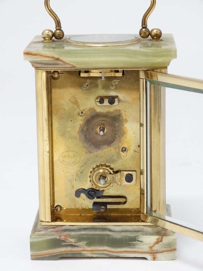 5 Glass 'Henley' Carriage Clock : a brass and ormolou cased 5 bevelled glass English carriage clock - Image 2 of 7