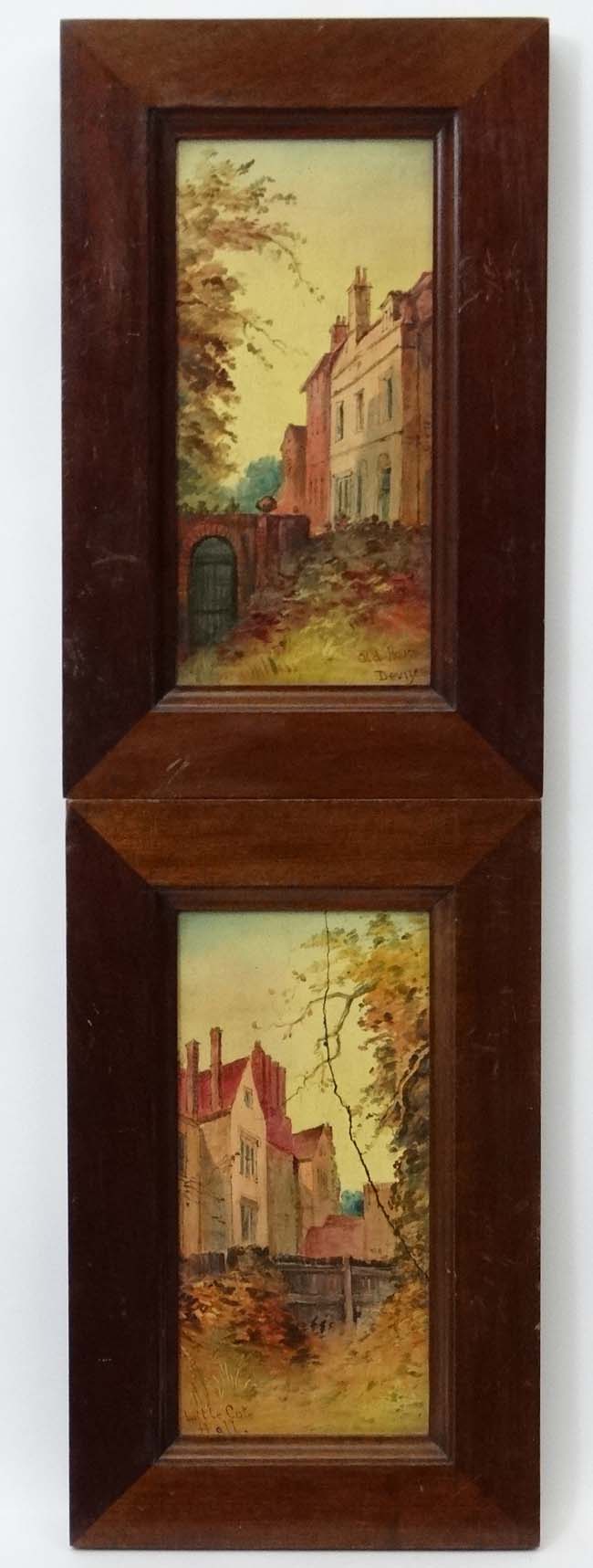 Wm Strupen (?) 1912, Pair of framed oil on tile (2), ' Little Cote Hall ' and ' Old House Devizes ',