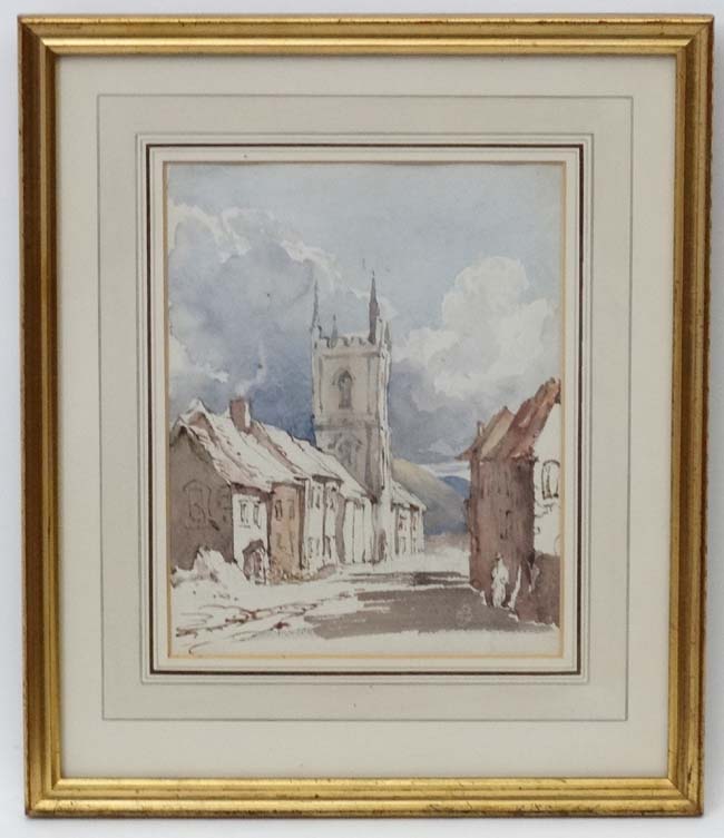 Early - Mid XX English School, Watercolour and pencil, Village street with church.