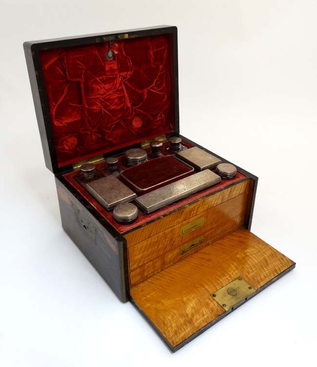 A 19thC ladies Coromandel vanity box opening to reveal a fold down front with satinwood drawers and - Image 6 of 8