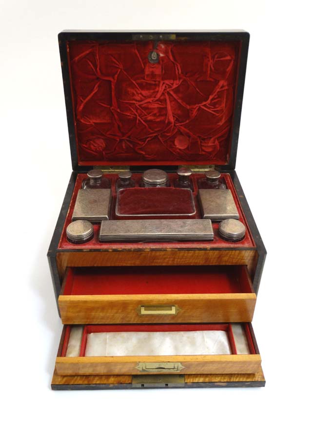 A 19thC ladies Coromandel vanity box opening to reveal a fold down front with satinwood drawers and - Image 7 of 8