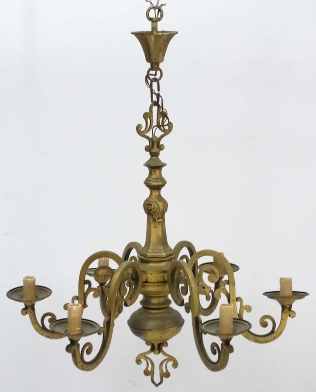 An early 20thC brass squared 6-branch pendant electrolier. - Image 3 of 7