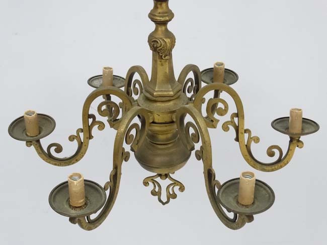 An early 20thC brass squared 6-branch pendant electrolier. - Image 5 of 7