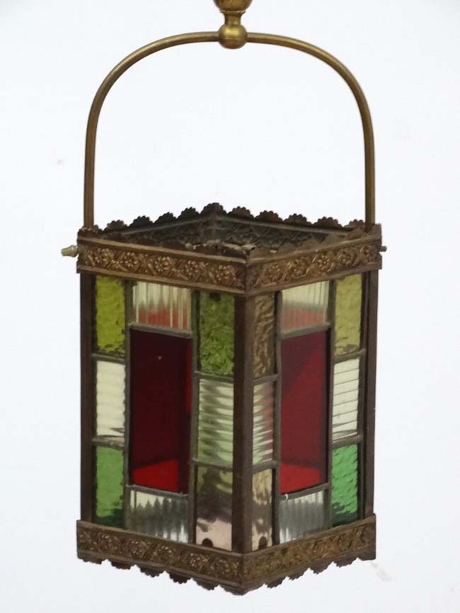 An Edwardian brass and leaded stained glass multicoloured pendant hall lantern / light shade. - Image 5 of 5