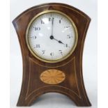 Mahogany Inlaid and shaped mantle clock : a Swiss made platform escapement 3 1/2" dial clock (