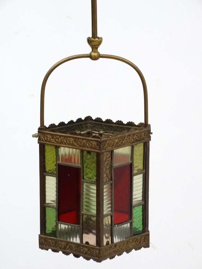 An Edwardian brass and leaded stained glass multicoloured pendant hall lantern / light shade. - Image 4 of 5