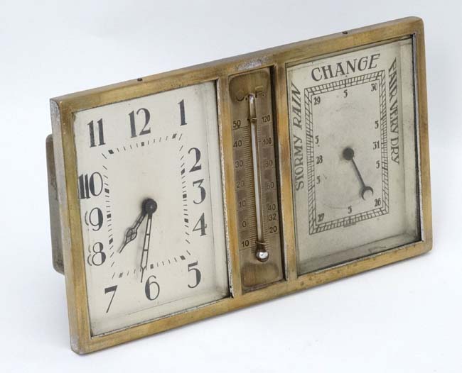 Art Deco Combination Clock, Barometer and Thermometer: a silver plated on brass, square dialled , - Image 10 of 11