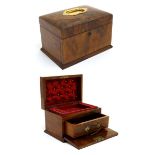 A Victorian burr walnut jewellery box with drawer under and fall front.