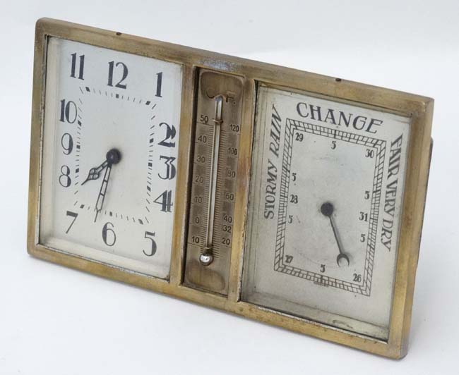 Art Deco Combination Clock, Barometer and Thermometer: a silver plated on brass, square dialled ,