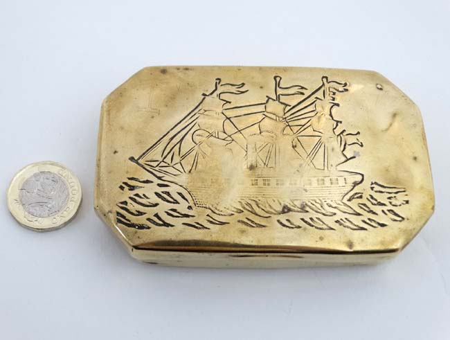 An 18thC sailors brass tobacco box with image of 3-masted ship at sea to top. - Image 4 of 6