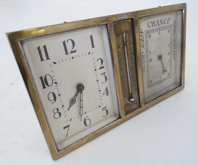 Art Deco Combination Clock, Barometer and Thermometer: a silver plated on brass, square dialled , - Image 3 of 11