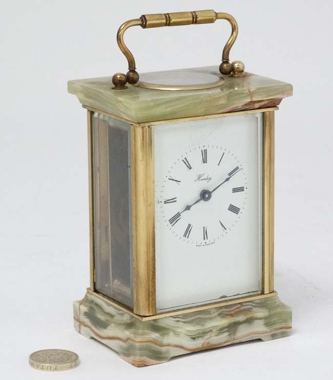 5 Glass 'Henley' Carriage Clock : a brass and ormolou cased 5 bevelled glass English carriage clock - Image 3 of 7