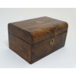 A 19thC walnut semi-domed ladies workbox with lift out tray 10" wide x 5 1/2" high x 6 7/8" deep