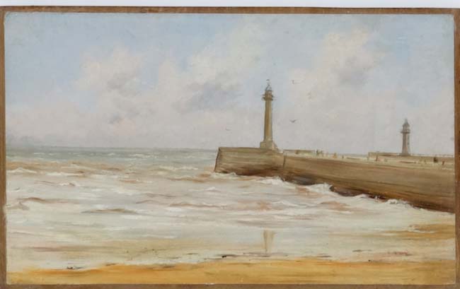 Peter Paul Pugin (1851-1904), Oil on paper laid on panel, Ramsgate Pier, Details verso, - Image 3 of 5