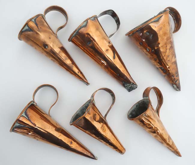 Beer Warmers : a collection of 6 x 18thc / 19 thC copper conical shaped beer warmers / ale mullers