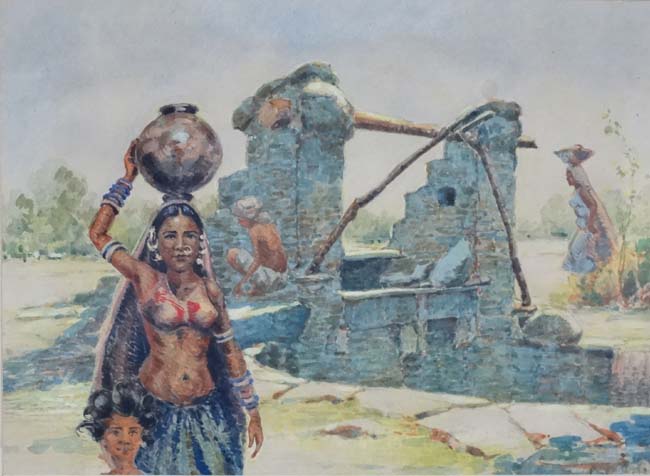 Indistinctly Signed Mid XX Indian School, Watercolour, Carrying water from a water hole, - Image 3 of 3