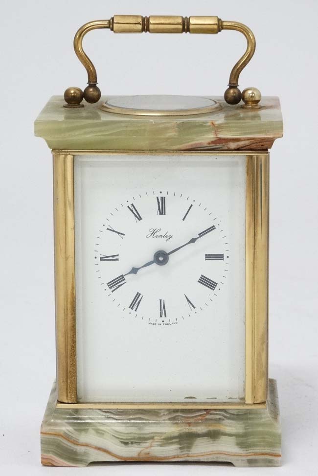 5 Glass 'Henley' Carriage Clock : a brass and ormolou cased 5 bevelled glass English carriage clock - Image 4 of 7