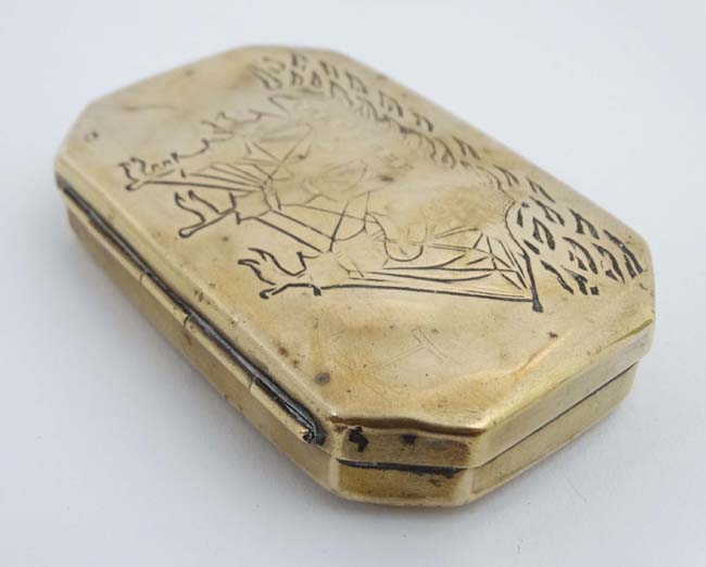 An 18thC sailors brass tobacco box with image of 3-masted ship at sea to top. - Image 5 of 6