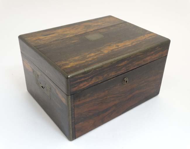 A 19thC ladies Coromandel vanity box opening to reveal a fold down front with satinwood drawers and - Image 3 of 8