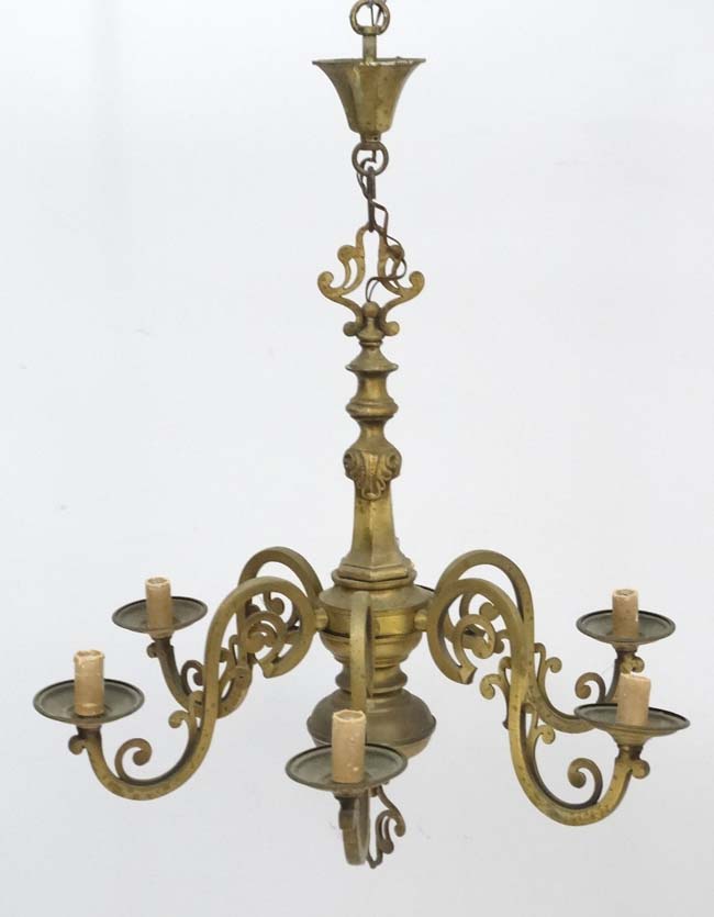 An early 20thC brass squared 6-branch pendant electrolier. - Image 6 of 7